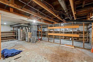 Basement with storage, gas water heater and heating unit