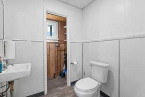 Bathroom with a drop ceiling, toilet, and wood-type flooring