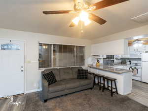 Living room with hardwood / wood-style floors and sink