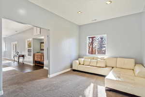 Carpeted living room featuring vaulted ceiling