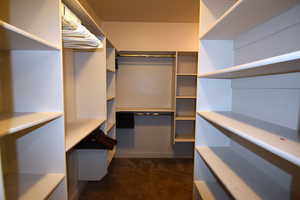 Walk in closet with dark colored carpet