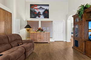 Living room featuring a towering ceiling and dark hardwood / wood-style flooring