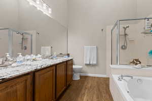 Full bathroom with hardwood / wood-style flooring, vanity, toilet, and independent shower and bath