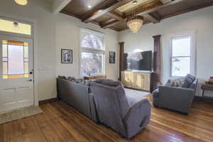 Living room featuring dark hardwood / wood-style flooring, a healthy amount of sunlight, and a notable chandelier