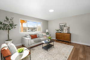 Living room with wood-type flooring