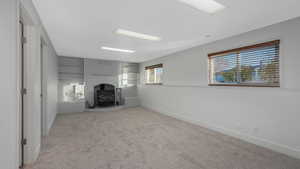 Basement Family Room with wood burning stove