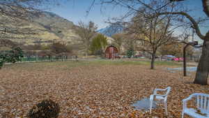 View of yard with a mountain view and an outbuilding