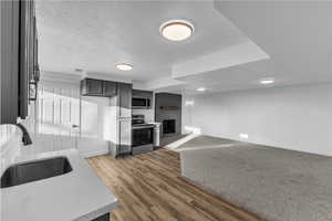 Kitchen featuring a brick fireplace, a textured ceiling, stainless steel appliances, sink, and dark hardwood / wood-style floors