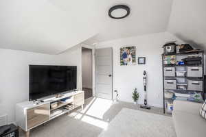 Carpeted living room featuring vaulted ceiling