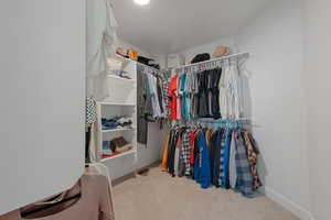 Spacious closet with light carpet