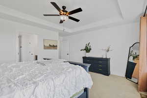 Carpeted bedroom featuring ceiling fan and a tray ceiling