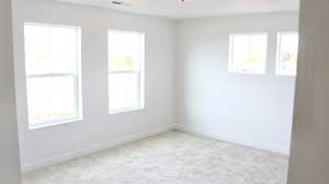 Spare room featuring light carpet and a wealth of natural light