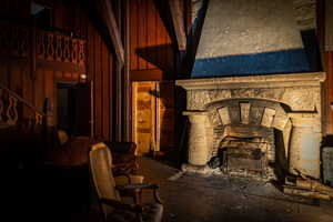 Living room featuring wood walls and a stone fireplace