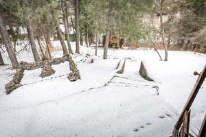 View of yard layered in snow