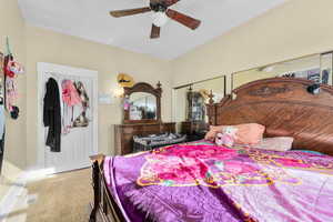 Carpeted bedroom featuring multiple closets and ceiling fan