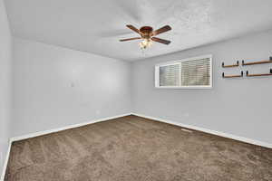 Unfurnished room featuring carpet, ceiling fan, and a textured ceiling