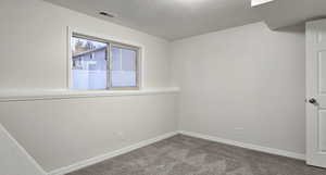 Carpeted empty room with a textured ceiling