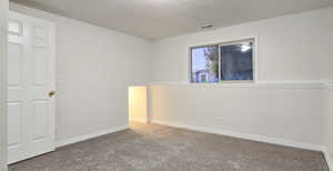 Carpeted spare room with a textured ceiling