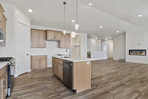 Kitchen with sink, vaulted ceiling, an island with sink, dark hardwood / wood-style flooring, and stainless steel appliances