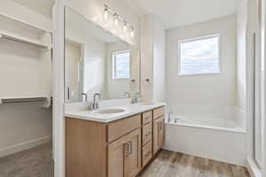 Bathroom featuring a bathtub, vanity, a healthy amount of sunlight, and hardwood / wood-style flooring