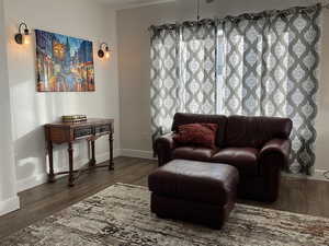 Living room featuring dark wood-type flooring