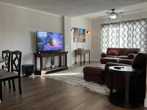 Living room featuring a textured ceiling, ceiling fan, and dark hardwood / wood-style floors