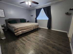 Master bedroom featuring ceiling fan, crown molding, and dark wood-type flooring