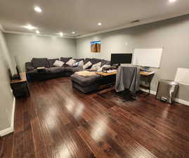 Living room with crown molding and dark wood-type flooring