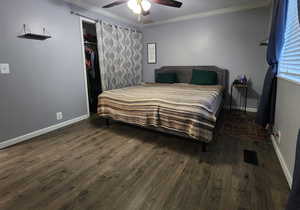 Master bedroom with ceiling fan, dark hardwood / wood-style floors, and ornamental molding