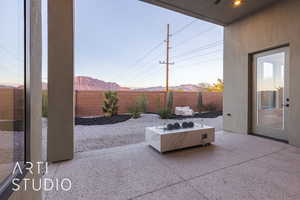 View of patio / terrace featuring a mountain view