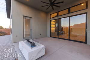 Patio terrace at dusk with ceiling fan