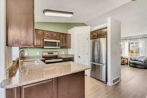 Kitchen featuring dark brown cabinets, sink, appliances with stainless steel finishes, and vaulted ceiling