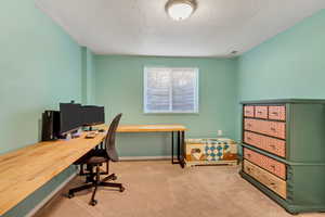 Office space featuring carpet flooring and a textured ceiling