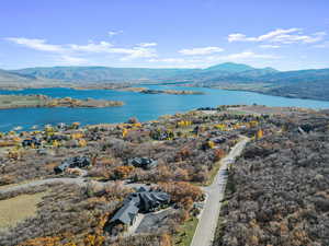 Aerial view with a water and mountain view