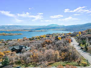 Bird's eye view featuring a water and mountain view