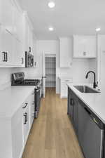 Kitchen featuring white cabinetry, sink, light stone counters, appliances with stainless steel finishes, and light wood-type flooring