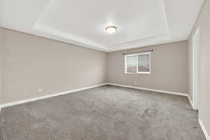 Spare room with a tray ceiling and carpet floors