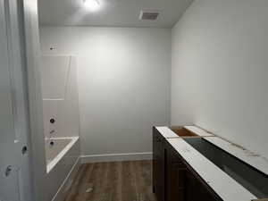 Bathroom with vanity and hardwood / wood-style flooring