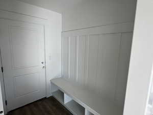 Mudroom with dark wood-type flooring