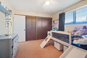 Carpeted bedroom featuring ceiling fan and multiple closets