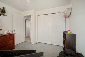 Carpeted bedroom featuring ceiling fan and a closet