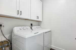 Laundry room with washer and clothes dryer and cabinets