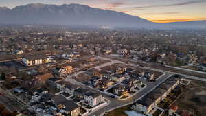 Aerial view at dusk with a mountain view