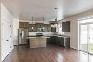 Kitchen featuring a healthy amount of sunlight, pendant lighting, a center island, and stainless steel appliances