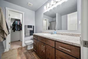 Bathroom with toilet, vanity, and LVP flooring