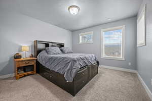 Bedroom featuring light colored carpet and a textured ceiling