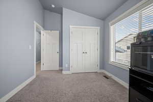 Bedroom featuring multiple windows, a closet, light colored carpet, and vaulted ceiling