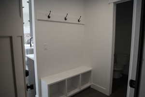 Mudroom featuring dark flooring