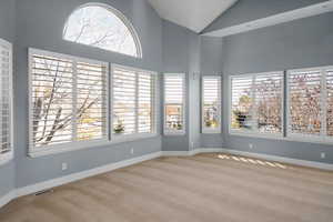 Unfurnished room featuring carpet floors, high vaulted ceiling, and a wealth of natural light