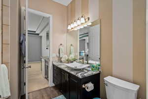 Bathroom featuring vanity, toilet, and wood-type flooring